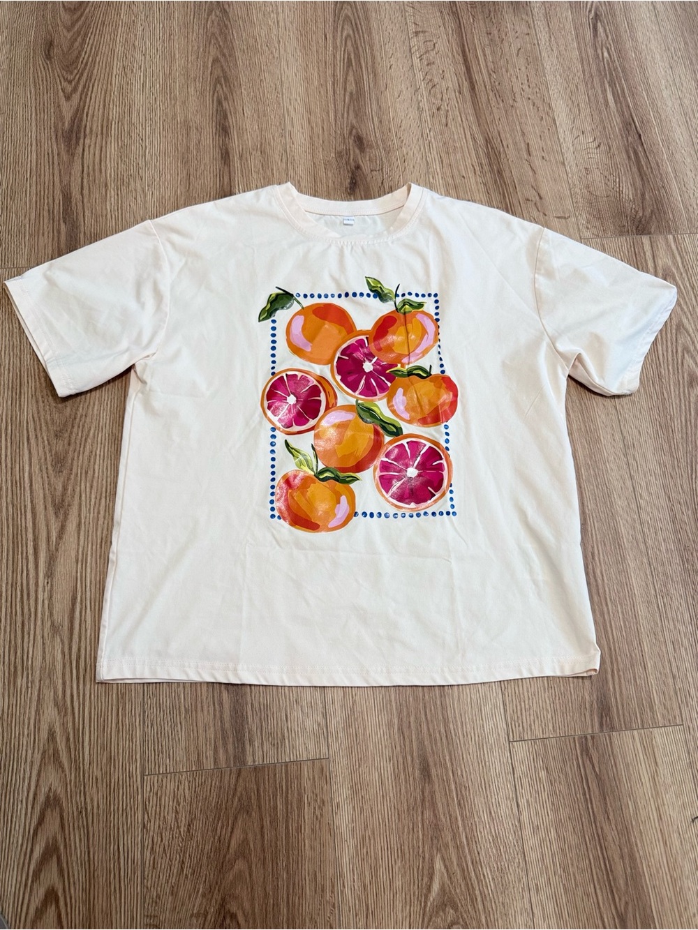 SHEIN Cream Tee with Orange, Pink and Green Citrus Print